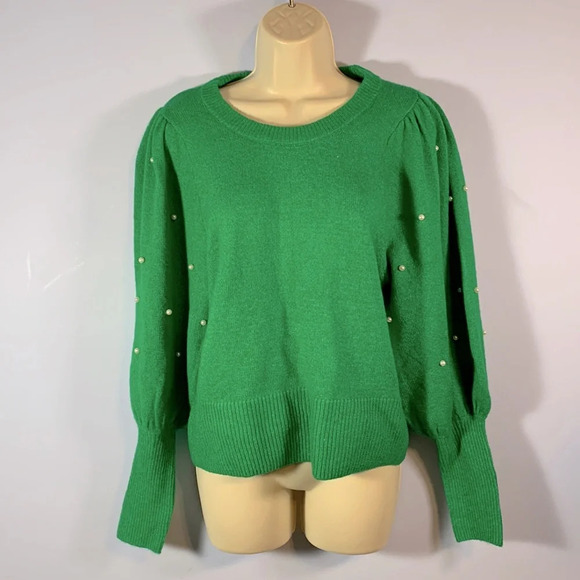 Cece size XS Kelly green puff pearl sleeve cozy soft crew neck holiday sweater - Picture 1 of 7